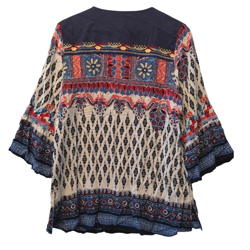 Caleasa Navy Blue Embroidered V-Neck Ikat Floral Boho Tunic Top Large - Picture 3 of 16
